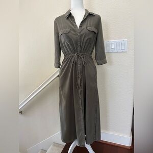Caslon Women Olive Green Maxi 3/4 Sleeve Shirt Dress Tie Front Pockets size S